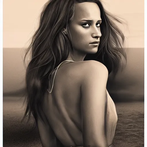 Prompt: alicia vikander. faces away. watches sunset on the beach. perfect anatomy. meticulous detail. black and white, smooth, sharp focus, chiaroscuro, manga illustration, artgerm, greg rutkowski, alphonse mucha, young adult light novel cover art