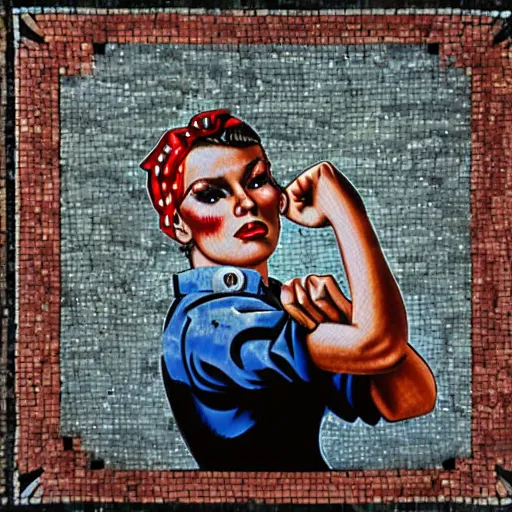 Image similar to rosie the riveter joined the communists, red rose, antifa, on roman mosaic, by Banksy