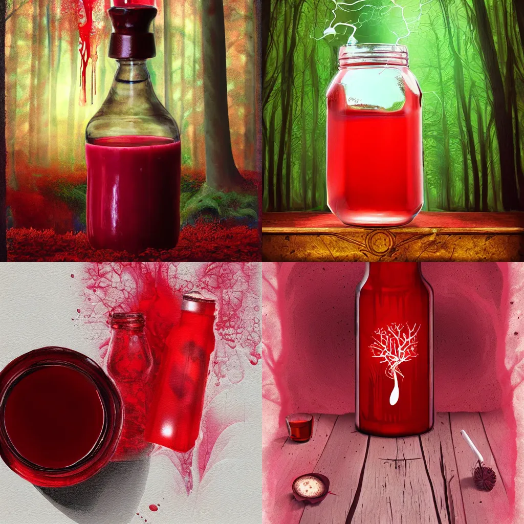Prompt: Potion of healing, red liquid, forrest background, digital artwork, wlop