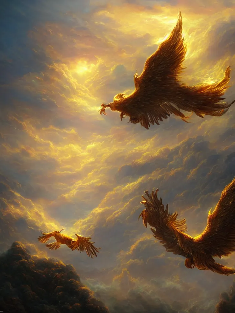 Prompt: A golden phoenix soaring in the clouds, A beam of holy light hits the phoenix，fantasy matte painting，Illustrations， rich colors, high details，light effect，by Fenghua Zhong and Thomas Kinkade,trending on cgsociety and artstation，8kHDR，