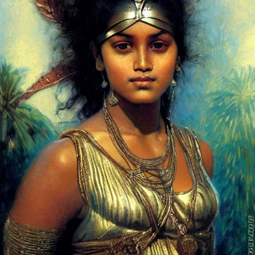 Image similar to detailed potrait 8 0 s srilankan girl bane's face armour, girl graceful,, painting by gaston bussiere, craig mullins, j. c. leyendecker, lights, art by ernst haeckel, john william godward, hammershøi,,