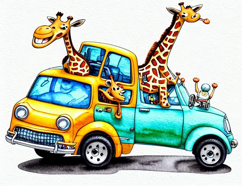 Prompt: cute and funny, giraffe riding in a tiny hot rod with oversized engine, ratfink style by ed roth, centered award winning watercolor pen illustration, isometric illustration by chihiro iwasaki, edited by range murata, tiny details by artgerm and watercolor girl, symmetrically isometrically centered