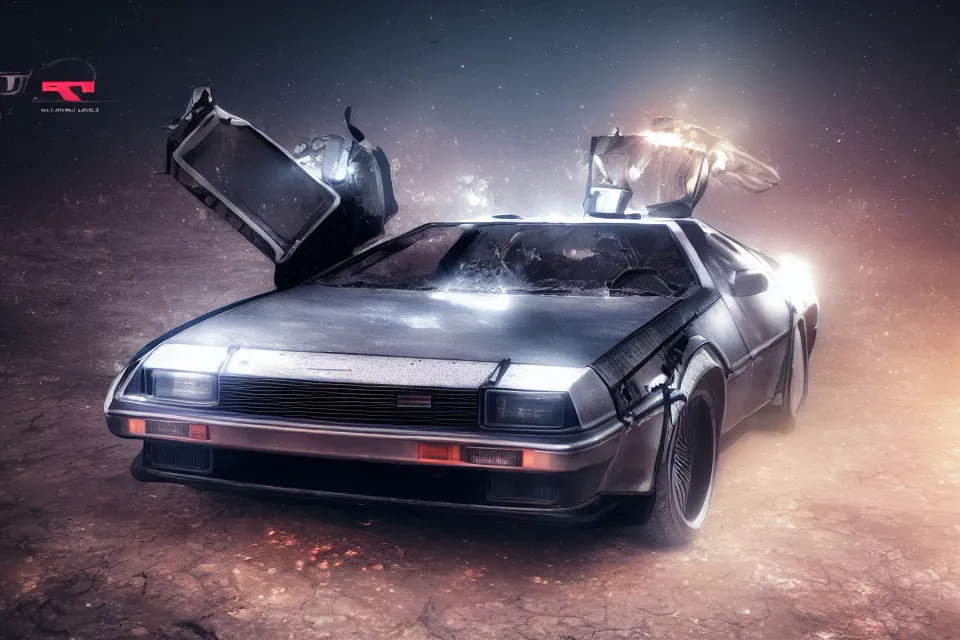 Image similar to ultra realistic delorean dmc 5 drifting on broken highway wreckage floating in space, dark cinematic, volumetric, realistic, 3 d render, realistic render, cinematic lighting, volumetric lighting, atmospheric, cinematic, unreal engine 5, unreal engine render, octane render, hd, photorealism, hyper realistic, 8 k