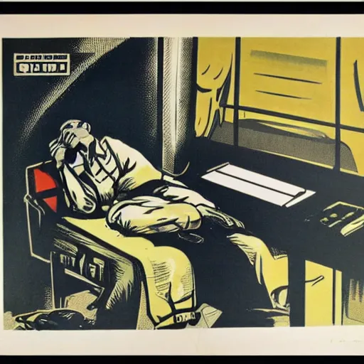 Prompt: a man sleeping at a computer is stung by a bumblebee, ww 2 allied propaganda poster, no text, highly detailed