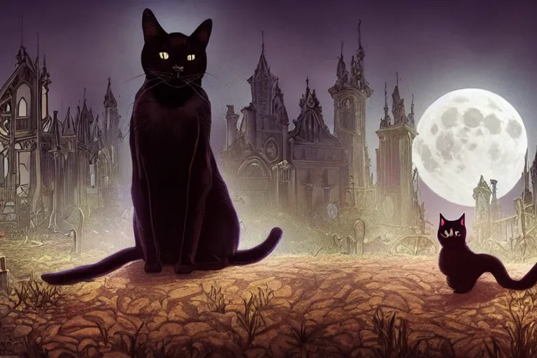 Image similar to an ultra detailed animation of a black cat in a graveyard at midnight on halloween tattoo, digital art, dark fantasy, concept art, soulslike, by alphonse mucha, blood moon eclipse, ruined building in the background, artstation, 8 k, unreal engine render