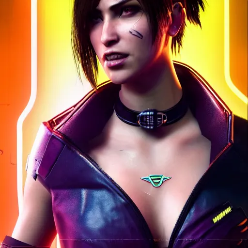 Image similar to female V from Cyberpunk 2077 wearing spiked black choker, steel collar, steel choker, punk, steel collar, 4K, realistic, spiked collar, art, beautiful, hd