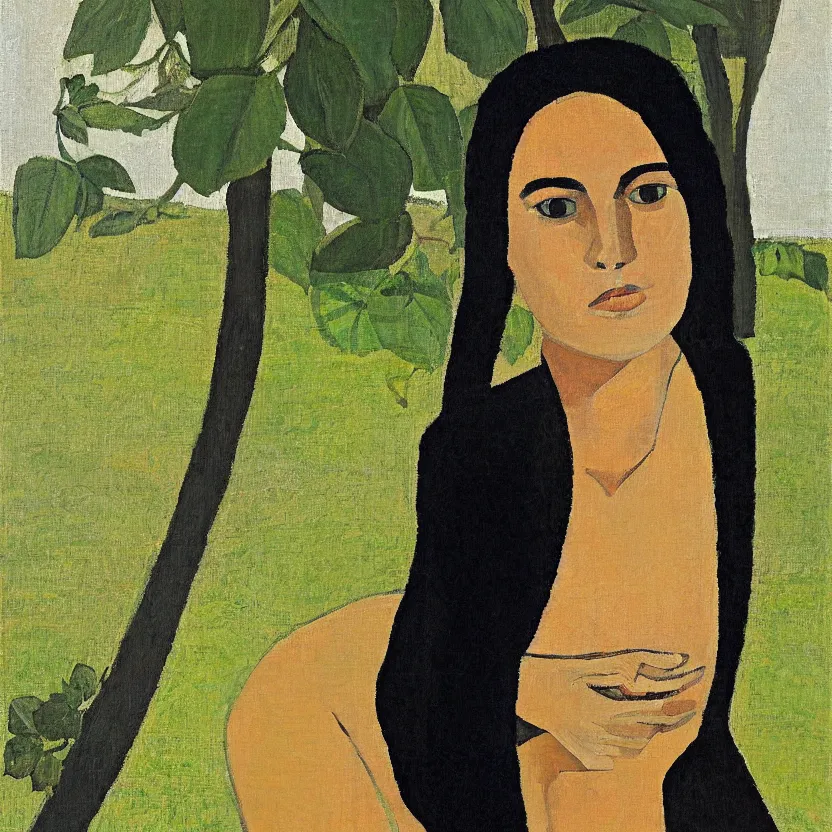 Image similar to a painted portrait of a women outdoors paused in thought, art by felice casorati, aesthetically pleasing and harmonious natural colors, rule of thirds, expressionism