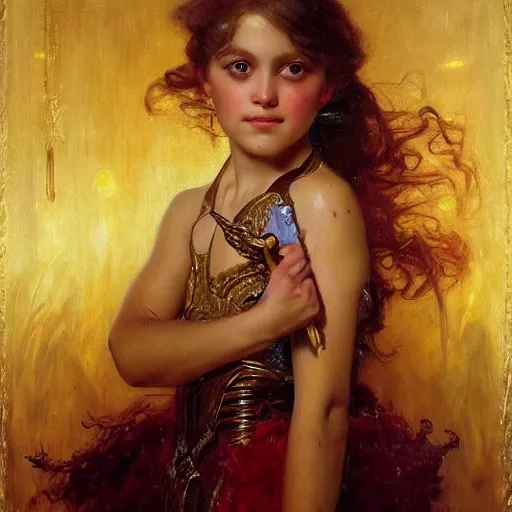 Image similar to portrait of a victorious young girl covered in blood in a golden light, highly detailed painting by gaston bussiere and j. c. leyendecker 8 k
