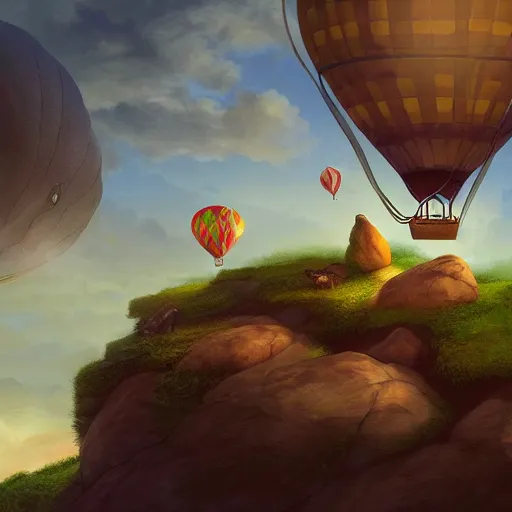 Prompt: a ferret standing on top of a rock in front of a hot air balloon, a digital painting by andrei kolkoutine, deviantart contest winner, fantasy art, storybook illustration, 2 d game art, digital illustration