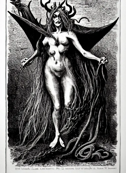 Image similar to ursula the sea witch as a demon from the dictionarre infernal, etching by louis le breton, 1 8 6 9, 1 2 0 0 dpi scan, ultrasharp detail, clean scan