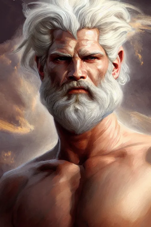 Image similar to painted portrait of rugged zeus, god of thunder, greek god, white hair, masculine, powerful, handsome, opulent, upper body, white robe, muscular, hairy torso, fantasy, intricate, elegant, highly detailed, digital painting, artstation, concept art, smooth, sharp focus, illustration, art by gaston bussiere