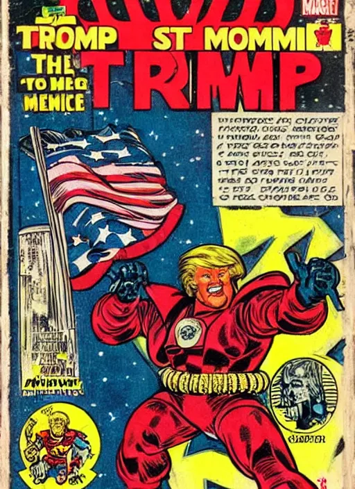 Prompt: vintage comic book cover of donald trump as a space marine from warhammer 4 k