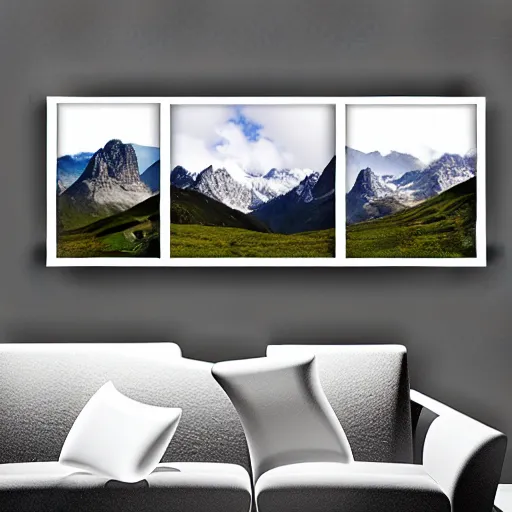 Prompt: photograph of a beautiful mountain triptych mounted on a white wall, studio lighting, hd, 8 k