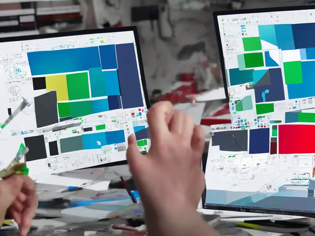 Image similar to design software UI on a screen that is covered in paint, photorealistic