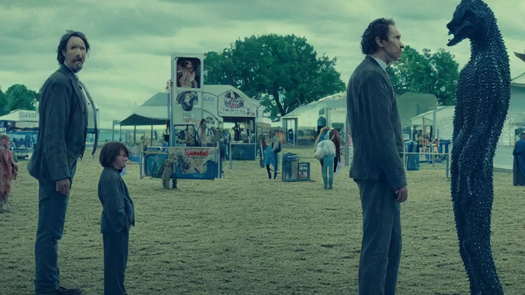 Prompt: the strange creature at the county fair that knew who I was, made of water, film still from the movie directed by Denis Villeneuve with art direction by Salvador Dalí, wide lens