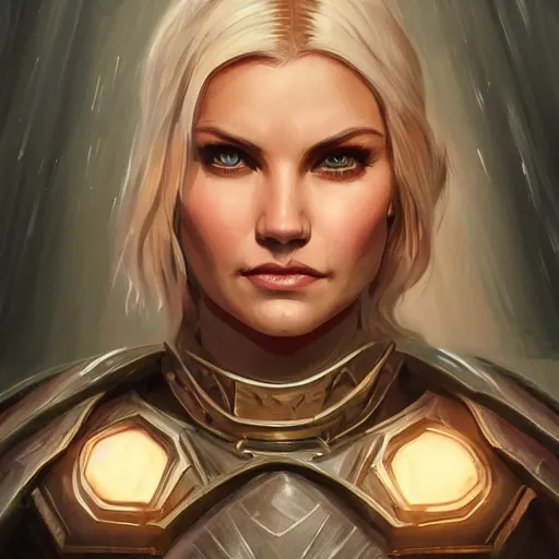 Image similar to front centered symmetrical portrait, Elisha Cuthbert as a D&D paladin, dramatic lighting, cinematic, establishing shot, high detail, photo realistic, cinematic lighting, post processed, 8k, concept art, artstation, matte painting, in the style of eddie mendoza, raphael lacoste, alex ross