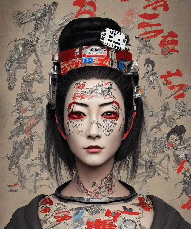 Image similar to an epic fantastic realism comic book style portrait painting of a japanese robotic geisha with kanji tattoos and decals, apex legends, octane render, intricate detail, 4 k hd, unreal engine 5