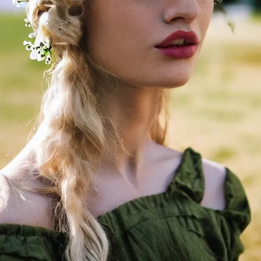 Image similar to vintage photograph of an olive skinned blonde female model in her twenties, her hair pinned up with flowers, wearing a designer top, looking content, focused on her neck, photo realistic, extreme detail skin, natural beauty, no filter, slr, golden hour, 8 k, high definition, selfie