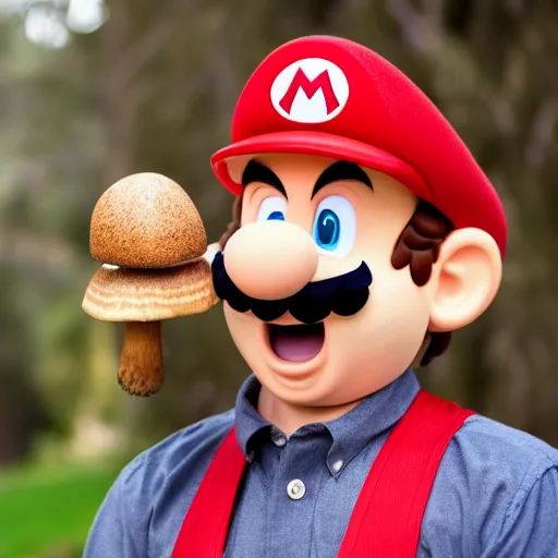 Image similar to photo of real life mario finding a giant mushroom, exhilarated, portrait, closeup. mouth open, 30mm, bokeh