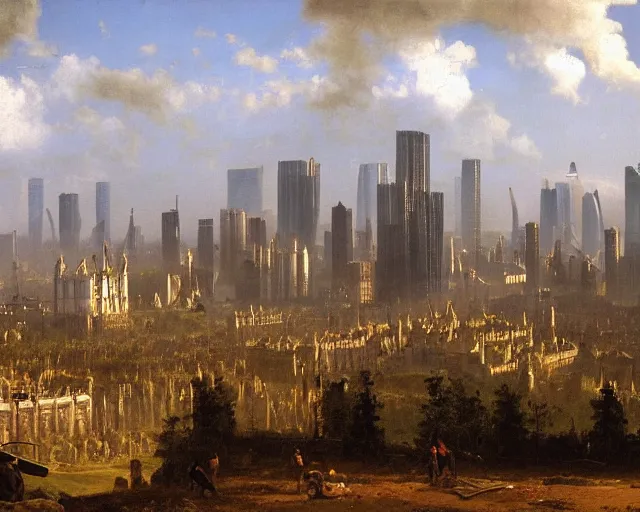 Prompt: albert bierstadt cityscape painting of london in fallout