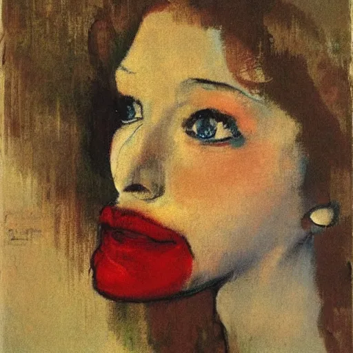 Image similar to girl, in flowers, red lipstick on her face, looks ember heard , Edgar Degas style