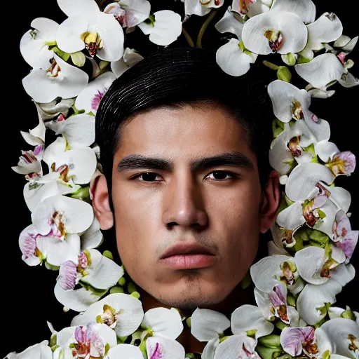 Image similar to a portrait of a beautiful young mexican male wearing an alexander mcqueen armor made of orchids , photographed by andrew thomas huang, artistic