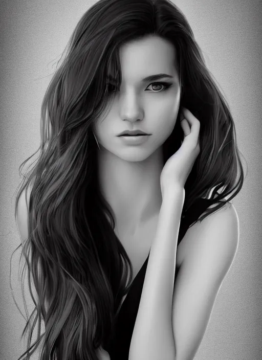 Image similar to full body portrait of a beautiful young woman in black and white, photorealistic, hair down to waist, sharp focus, in the style of Kevin Kostic, Stephen Lau and artgerm, hyper sharp focus, 8k highly detailed