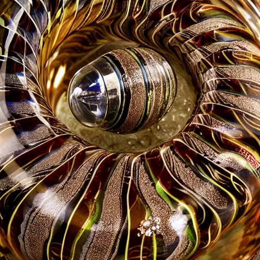 Prompt: A hand reaches for an ornate blown glass spiral striped bottle spewing smoke surrounded by piles of sparkling treasure, ornate, jewels, indiana jones