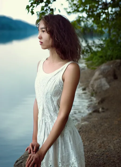 Prompt: photo, long shot, woman posing, short wavy hair, round face, intricate white dress, lakeside, cottagecore!!, intricate, enlightened, highly detailed, smooth, sharp focus, inspired by artgerm, by marat safin, and alphonse mucha