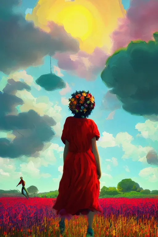 Image similar to giant flower head, girl walking in a flower field, surreal photography, sunrise, dramatic light, impressionist painting, colorful clouds, digital painting, artstation, simon stalenhag