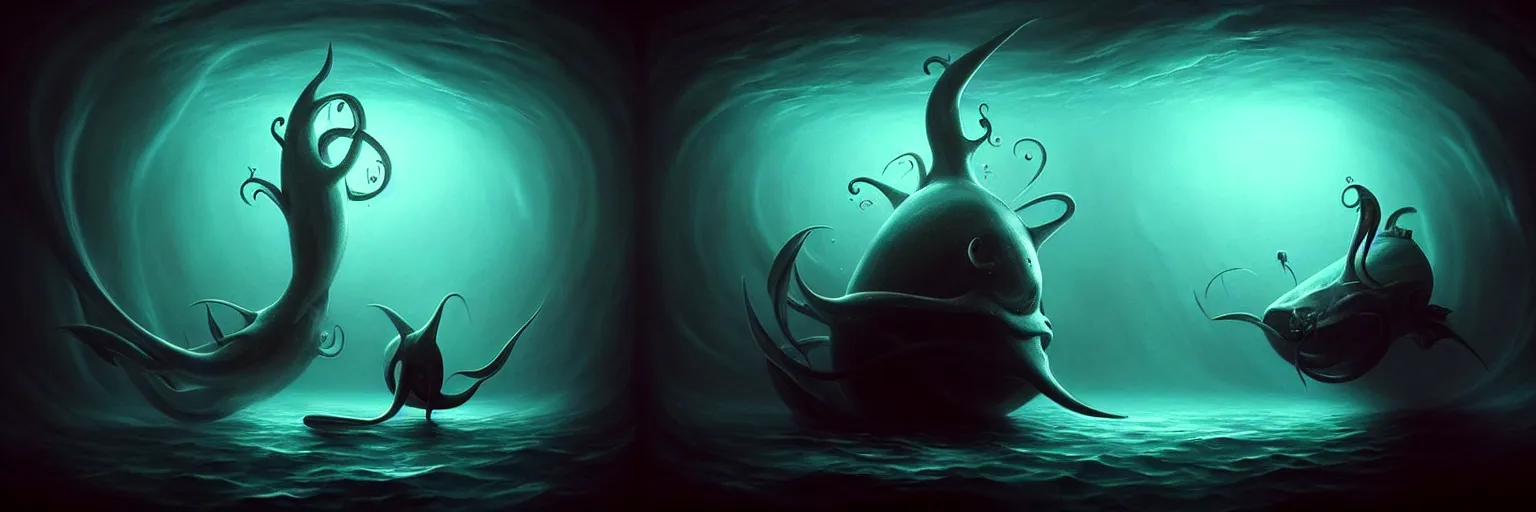 Image similar to whimsical surreal deep sea imaginal creatures, dramatic lighting, surreal dark uncanny painting by ronny khalil