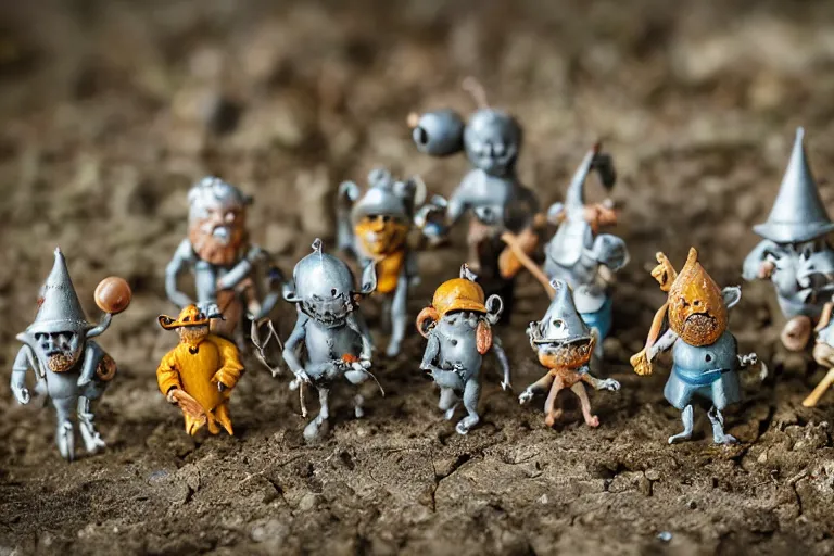 Prompt: miniature figurines of heironymus bosch monsters, tilt shift, product photography