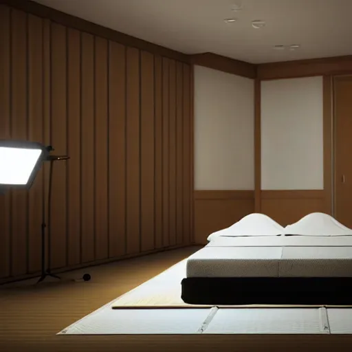 Prompt: still photo of a japanese bed room, highly detailed, photorealistic portrait, bright studio setting, studio lighting, crisp quality and light reflections, unreal engine 5 quality render