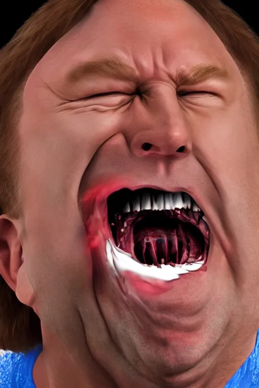Prompt: A hyper realistic ultra realistic photograph of Alex Jones screaming with his face sliding off his skull by Brandon Hughes , detailed, photorealistic imagery, 8k quality