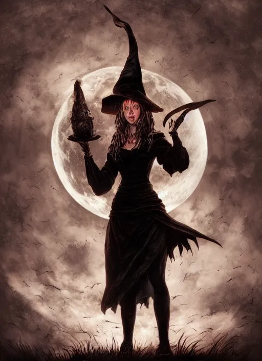 Image similar to portrait, A witch in front of the full big moon, book cover, red white and black colors, dramatic lighting, cinematic, establishing shot, extremly high detail, foto realistic, cinematic lighting, intricate line drawings, by Yoshitaka Amano, Ruan Jia, Kentaro Miura, Artgerm, post processed, concept art, artstation, matte painting, style by eddie mendoza, raphael lacoste, alex ross