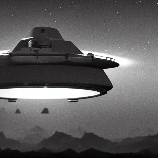 Image similar to leaked top secret footage of an ufo, black and white shot with an old camera, intricate details, eerie, highly detailed, photorealistic, octane render, 8 k, unreal engine.