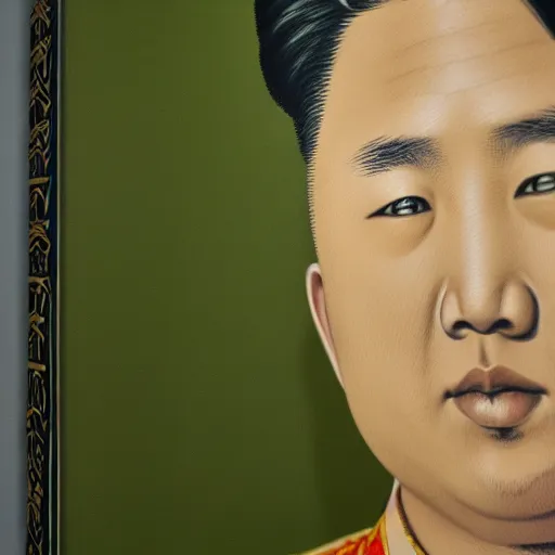 Prompt: araki nobuyoshi style close - up photography of realistic detailed north korean kim chen with detailed face smelling detailed weed bush