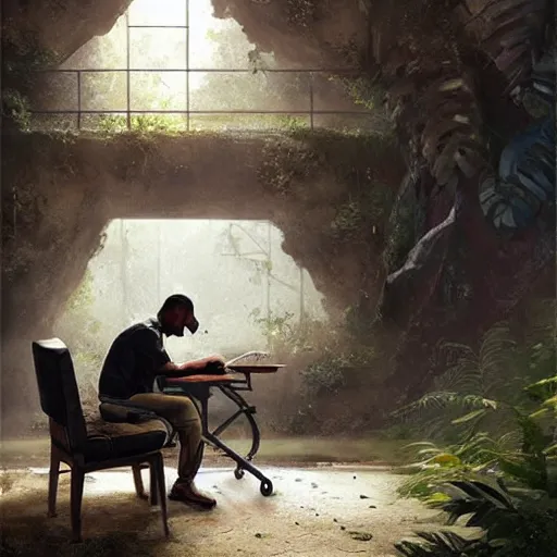 Prompt: a man sitting at a computer, as jungle animals come out of the wall, painting by Greg Rutkowski