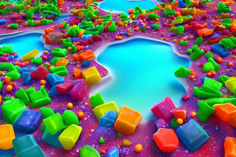 Image similar to desert oasis made of gummy candy, 8 5 mm bright - light photography, hyper detailed octane render, trending on art station