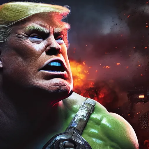 Image similar to ' donald trump as the hulk in gears of war, splash art, movie still, detailed face, maga, cinematic lighting, dramatic, octane render, long lens, shallow depth of field, bokeh, anamorphic lens flare, 8 k, hyper detailed, 3 5 mm film grain