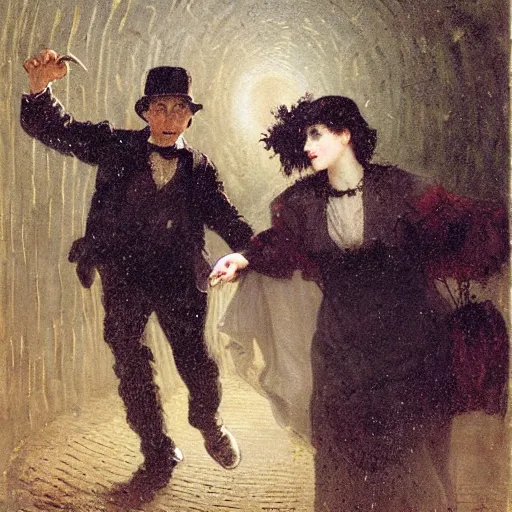 Image similar to young victorian man and woman traversing a dark maze while being followed by a horrible monster, painted by alfred stevens