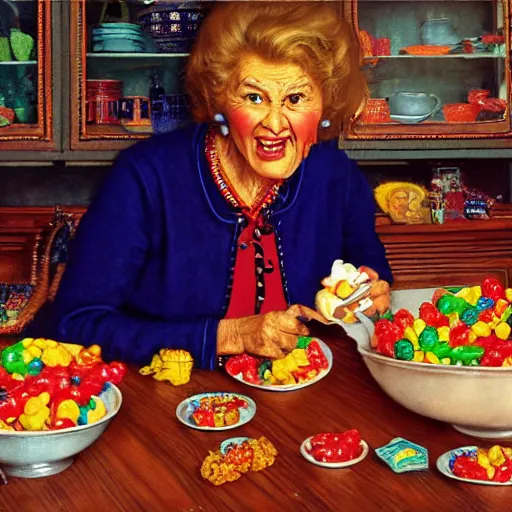 Image similar to hyper realistic hight detailed grandmother with a big mouth eating gummi bears on the table in the russian kitchen, by norman rockwell, bright colors, 4 k, 1 6 k, 3 2 k, photorealistic, cartoon style