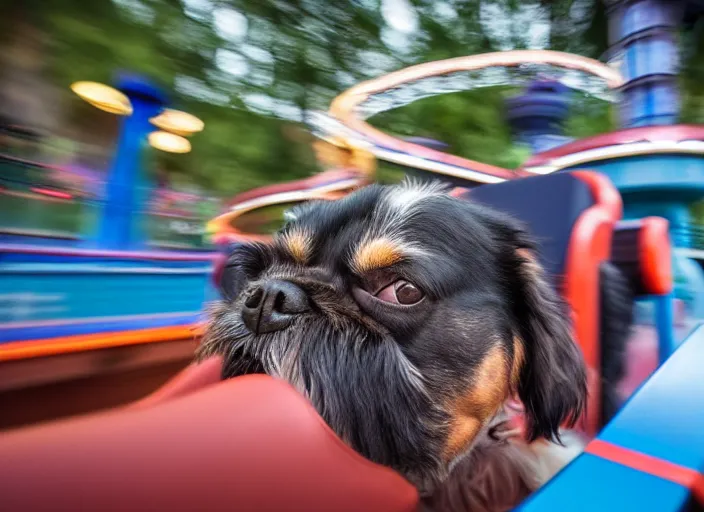 Image similar to film still of a dog riding a roller coaster in disneyland paris, 8 k