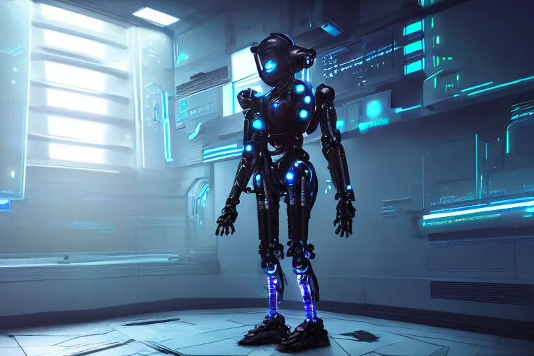 Image similar to cyberpunk alien concept inspired robot, futuristic look, highly detailed body, very powerful, photorealistic camera shot, bright studio setting, studio lighting, crisp quality and light reflections, unreal engine 5 quality render