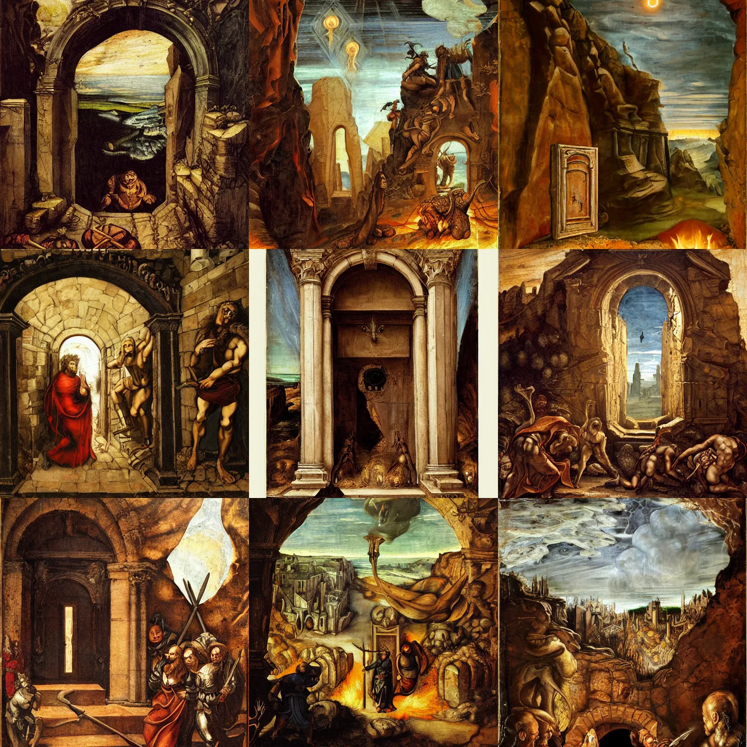 Prompt: opening of an ancient door leading to demon world, cliff face, sconce torches, medieval renaissance, painting, high detailed, bleak, detailed background, tintoretto, raphael, wlop, wide shot