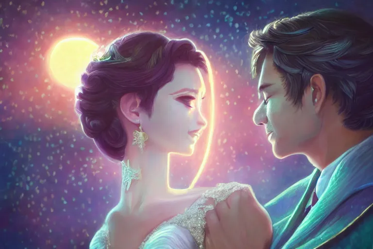 Image similar to a cinematic portrait of wedding photograph jpeg close up moment of a divine a japan sun god and moon goddess lovers magician at a wedding banquet. portraiture. digital painting. artstation. concept art. wedding photo. digital painting. frozen ii art masterpiece by art by krenz cushart