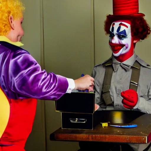 Prompt: police interrogation of a clown peeking out from a small magical trick box