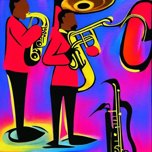 Prompt: jazz quintet, painting, abstract, saxophone, drums, piano, trumpet, double bass