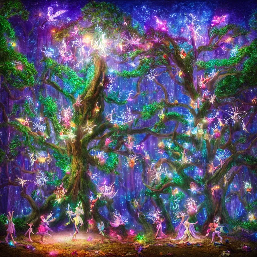 Image similar to a night carnival fairies around a magical tree next to a lake with iridiscent water, christmas lights, volumetric lightning, creatures and fantastic people disguised as fantastic creatures in a magical forest by summer night, masterpieceunderwater scene, masterpiece painted by kelton nelson, scene by night