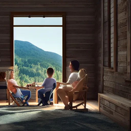 Prompt: a family sitting in a chair looking at the mountains, clear sky, cinematic lighting, beatiful house, river, 4k, HD